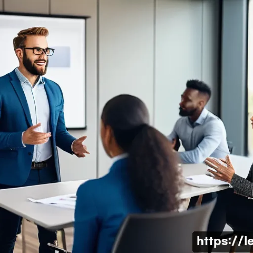 리더십 코치 훈련 과정 - A professional leadership coach conducting a dynamic role-play training session in a modern conferen...