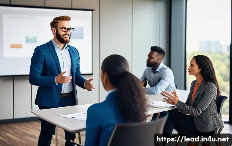 리더십 코치 훈련 과정 - A professional leadership coach conducting a dynamic role-play training session in a modern conferen...