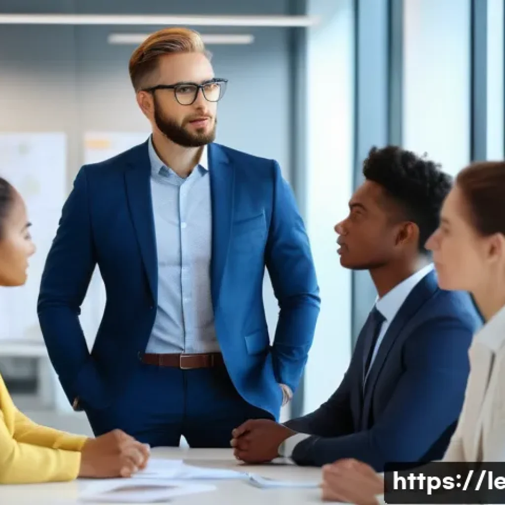 리더십 코칭을 통한 이직 성공 - A professional corporate coaching session in a modern office setting, featuring a confident business...