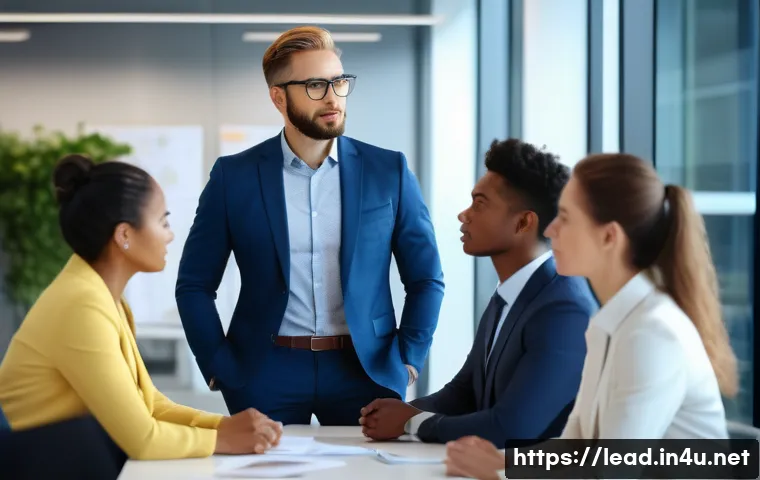 리더십 코칭을 통한 이직 성공 - A professional corporate coaching session in a modern office setting, featuring a confident business...