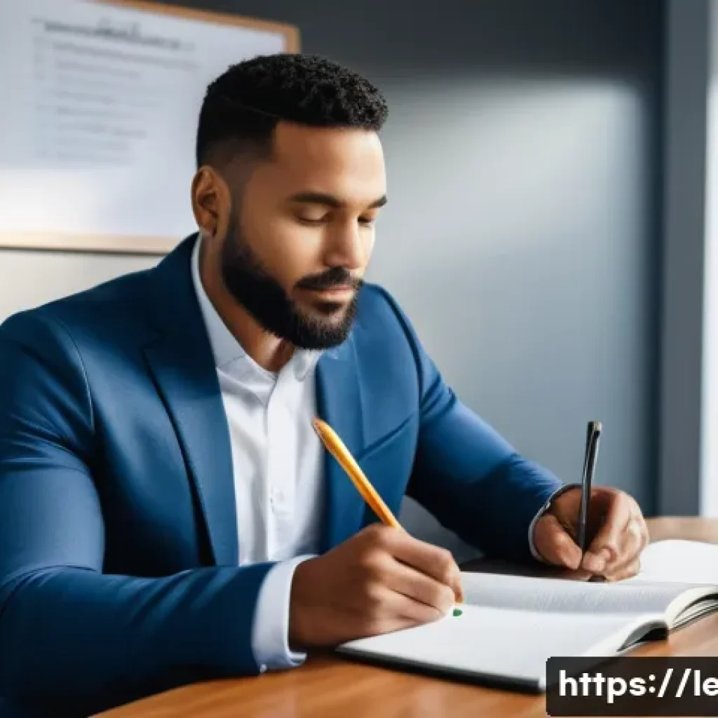 리더십 코칭과 경력 관리 전략 - A diverse professional leader sitting calmly at a modern office desk, thoughtfully journaling emotio...