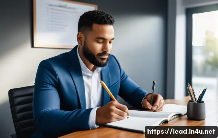 리더십 코칭과 경력 관리 전략 - A diverse professional leader sitting calmly at a modern office desk, thoughtfully journaling emotio...