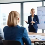 리더십 코치로서의 성과 측정 - A modern corporate coaching session in a bright, spacious office, featuring a diverse team of profes...