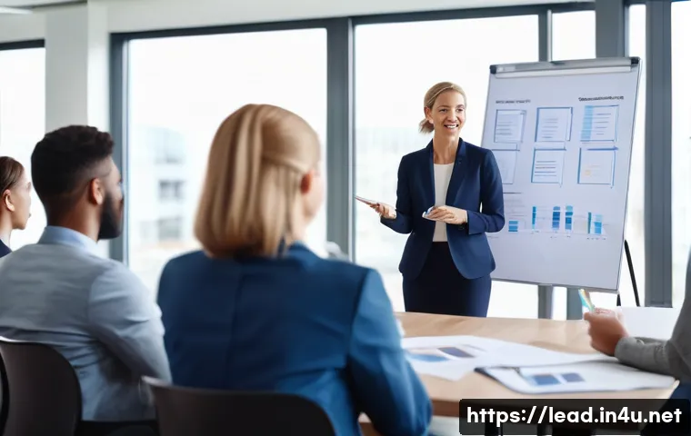 리더십 코치로서의 성과 측정 - A modern corporate coaching session in a bright, spacious office, featuring a diverse team of profes...