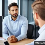 리더십 코칭에서의 커뮤니케이션 기술 - A professional business leader actively listening to a diverse team member in a modern office settin...