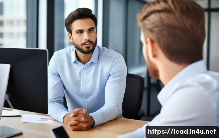 리더십 코칭에서의 커뮤니케이션 기술 - A professional business leader actively listening to a diverse team member in a modern office settin...