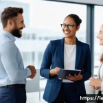 리더십 코치 필수 이론 - A diverse business team engaged in a leadership coaching session in a modern, bright office setting....