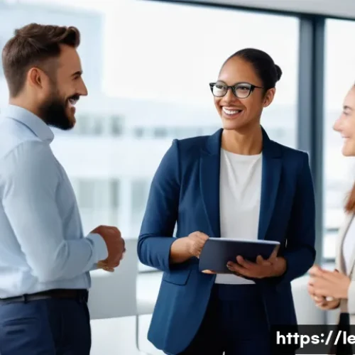 리더십 코치 필수 이론 - A diverse business team engaged in a leadership coaching session in a modern, bright office setting....