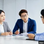 리더십 코치 자격 취득 후 취업 - A professional leadership coach in a modern corporate office setting, attentively listening and enga...