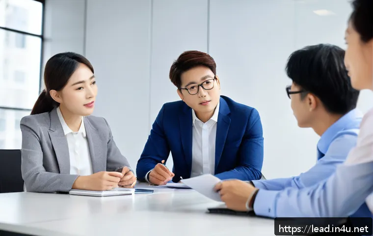 리더십 코치 자격 취득 후 취업 - A professional leadership coach in a modern corporate office setting, attentively listening and enga...