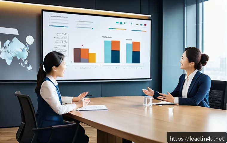 이직 준비 리더십 역량 평가 - A professional business meeting scene showing a diverse team collaborating around a conference table...